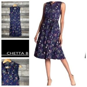 Chetta B Navy Blue Floral Strawberry Print Sleeveless Collared Mini Dress 10